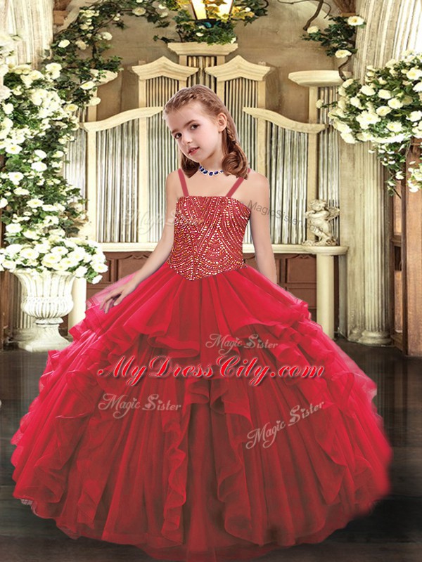 Red Straps Lace Up Beading and Ruffles Custom Made Pageant Dress Sleeveless