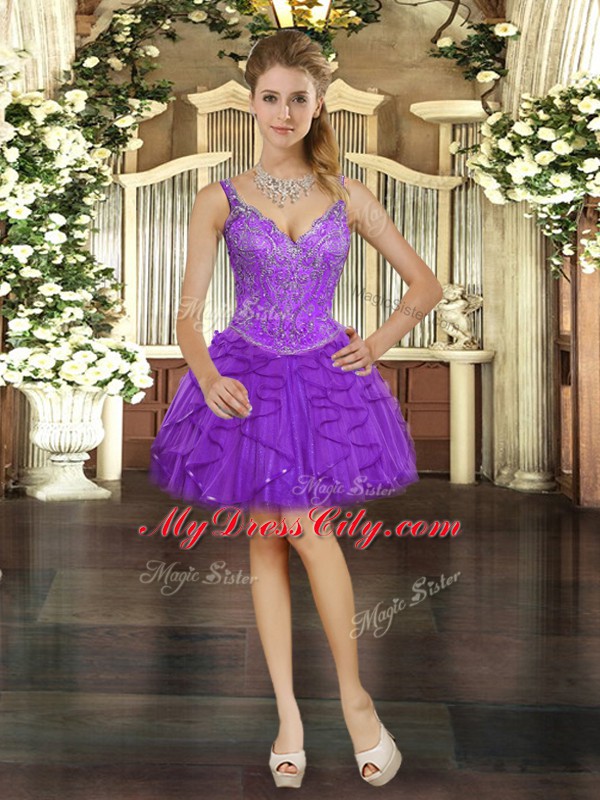 Beauteous Beading and Ruffles Prom Party Dress Eggplant Purple Lace Up Sleeveless Mini Length