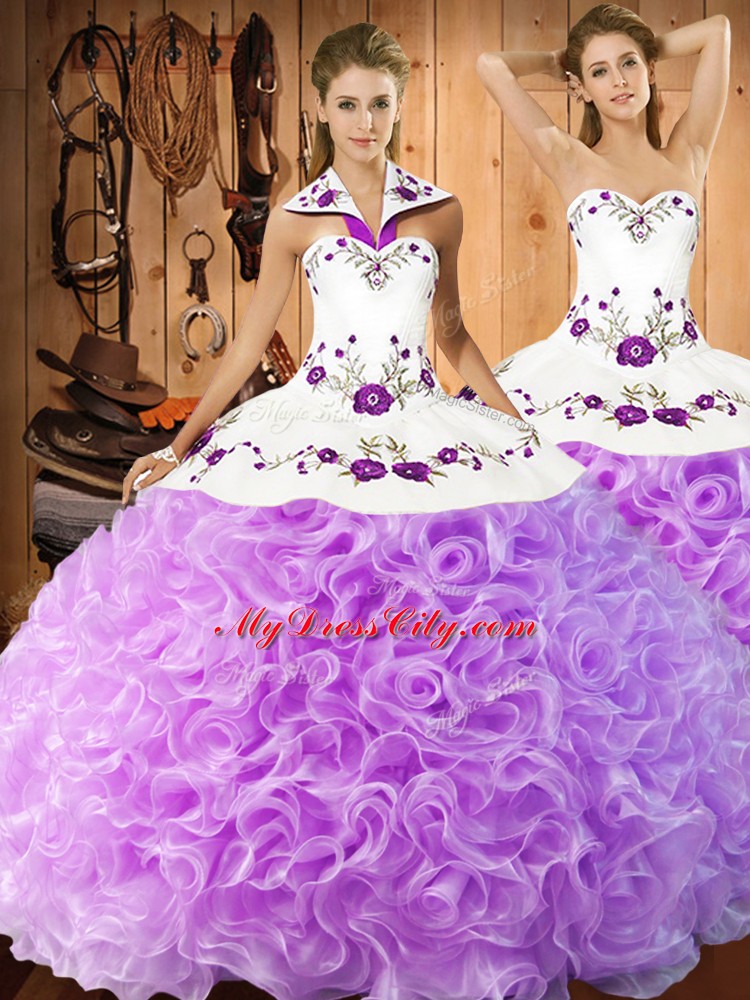 Sumptuous Lilac Sleeveless Fabric With Rolling Flowers Lace Up Quinceanera Gown for Military Ball and Sweet 16 and Quinceanera