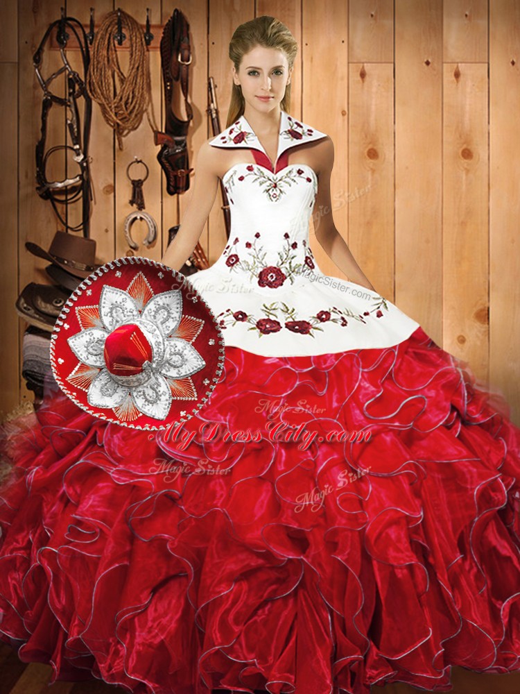 White And Red Ball Gowns Satin and Organza Halter Top Sleeveless Embroidery and Ruffles Floor Length Lace Up 15th Birthday Dress