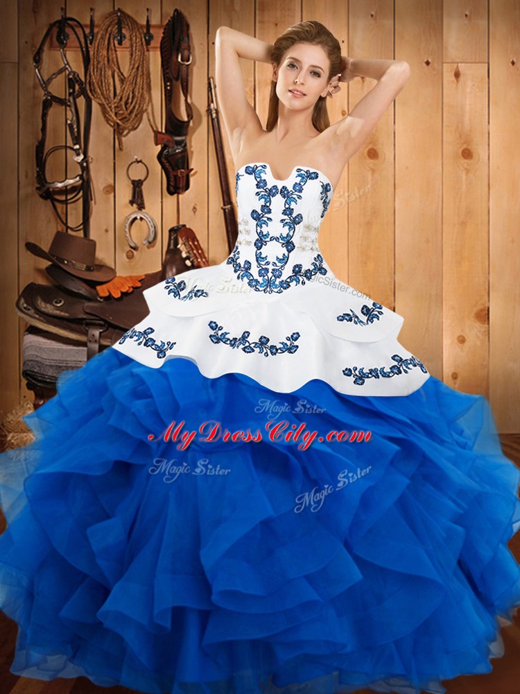 New Style Blue Sleeveless Satin and Organza Lace Up Quinceanera Gown for Military Ball and Sweet 16 and Quinceanera