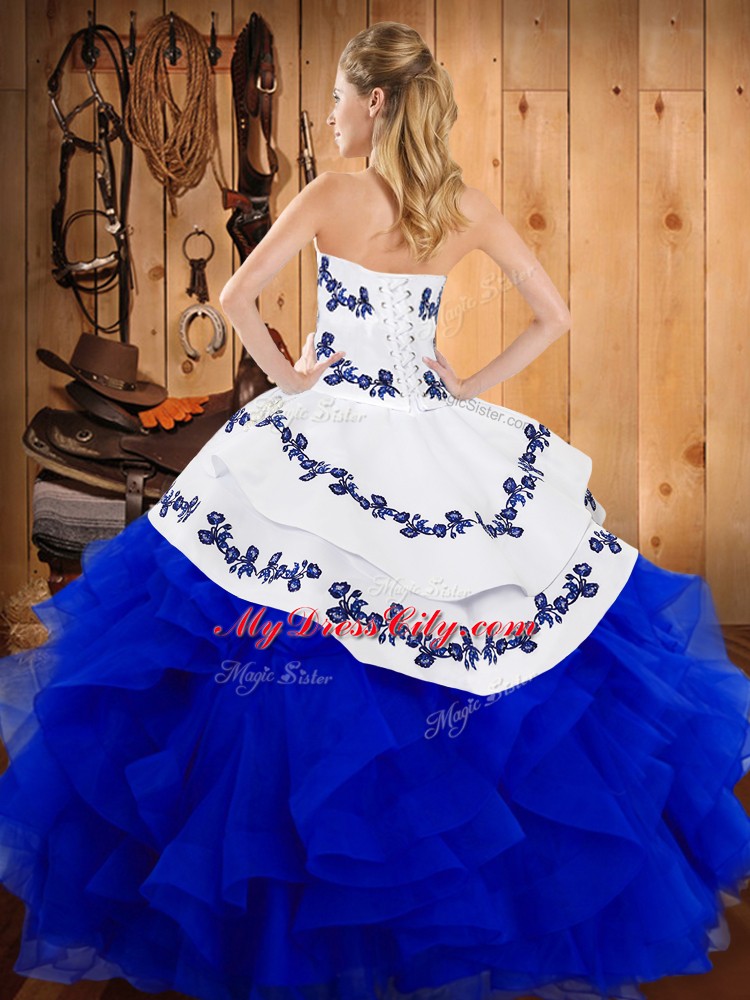 New Style Blue Sleeveless Satin and Organza Lace Up Quinceanera Gown for Military Ball and Sweet 16 and Quinceanera