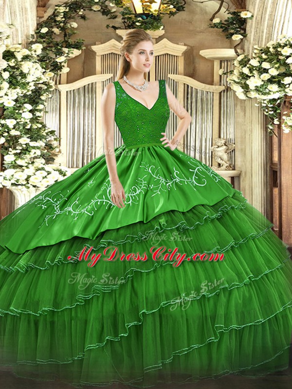 Green Organza and Taffeta Backless V-neck Sleeveless Floor Length Sweet 16 Dresses Beading and Lace and Embroidery and Ruffled Layers