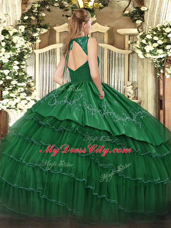 Green Organza and Taffeta Backless V-neck Sleeveless Floor Length Sweet 16 Dresses Beading and Lace and Embroidery and Ruffled Layers