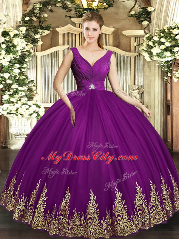 Ball Gowns Sweet 16 Quinceanera Dress Eggplant Purple V-neck Tulle Sleeveless Floor Length Backless