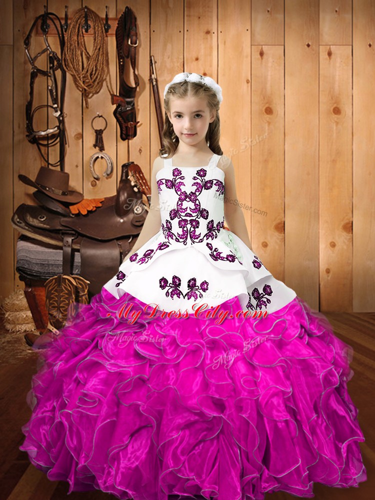 Fuchsia Child Pageant Dress Sweet 16 and Quinceanera with Embroidery and Ruffles Straps Sleeveless Lace Up