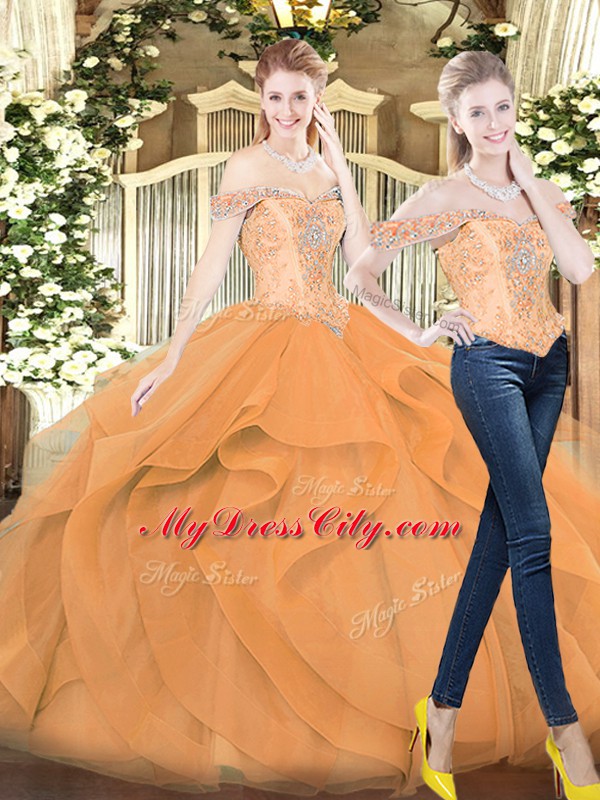 Hot Sale Orange Red Off The Shoulder Lace Up Beading and Ruffles 15th Birthday Dress Sleeveless