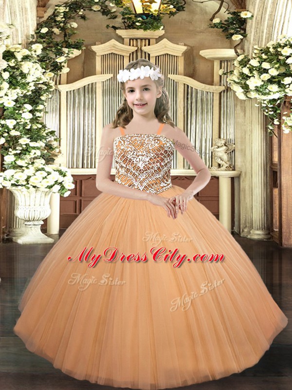 Beautiful Peach Sleeveless Floor Length Beading Lace Up Little Girls Pageant Gowns