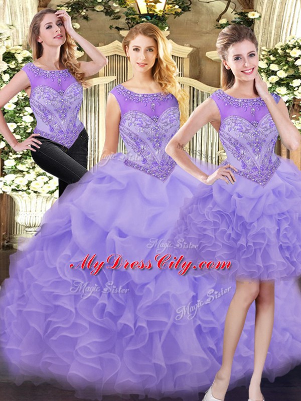 Lavender Organza Zipper Sweet 16 Quinceanera Dress Sleeveless Floor Length Beading and Ruffles