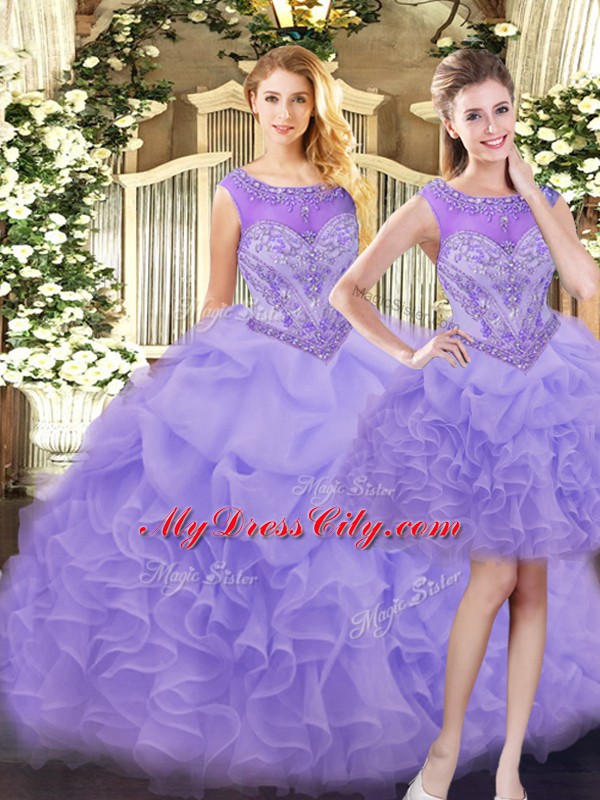 Lavender Organza Zipper Sweet 16 Quinceanera Dress Sleeveless Floor Length Beading and Ruffles