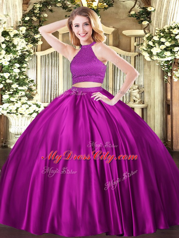 Classical Fuchsia Ball Gowns Halter Top Sleeveless Tulle Floor Length Backless Beading Sweet 16 Quinceanera Dress