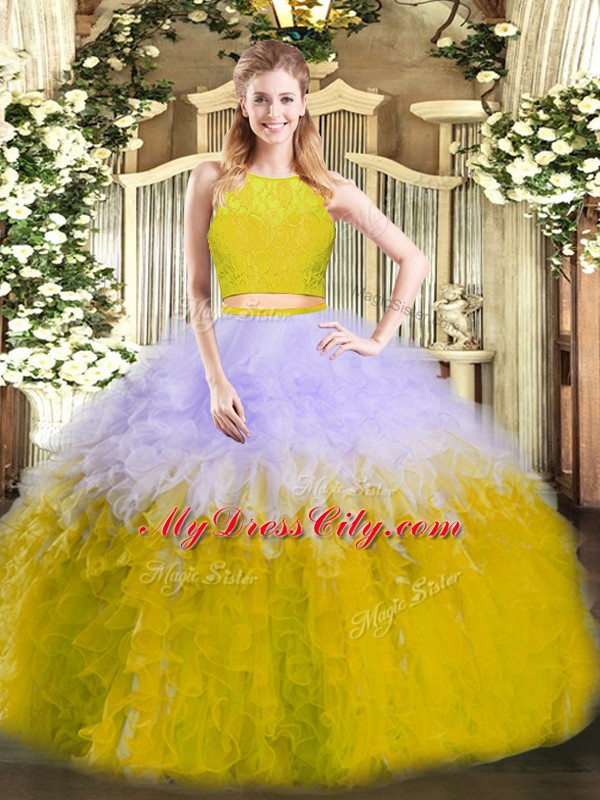 Most Popular Scoop Sleeveless 15 Quinceanera Dress Floor Length Ruffles Multi-color Tulle