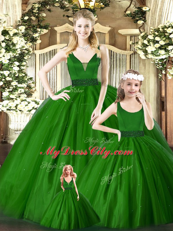 Latest Green Sleeveless Tulle Zipper Quinceanera Gowns for Military Ball and Sweet 16 and Quinceanera