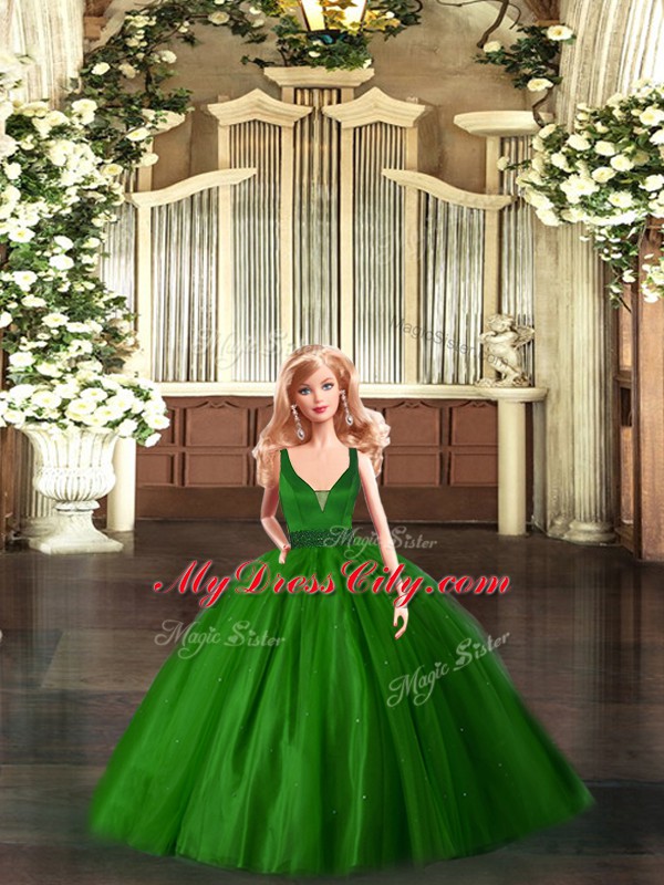 Latest Green Sleeveless Tulle Zipper Quinceanera Gowns for Military Ball and Sweet 16 and Quinceanera