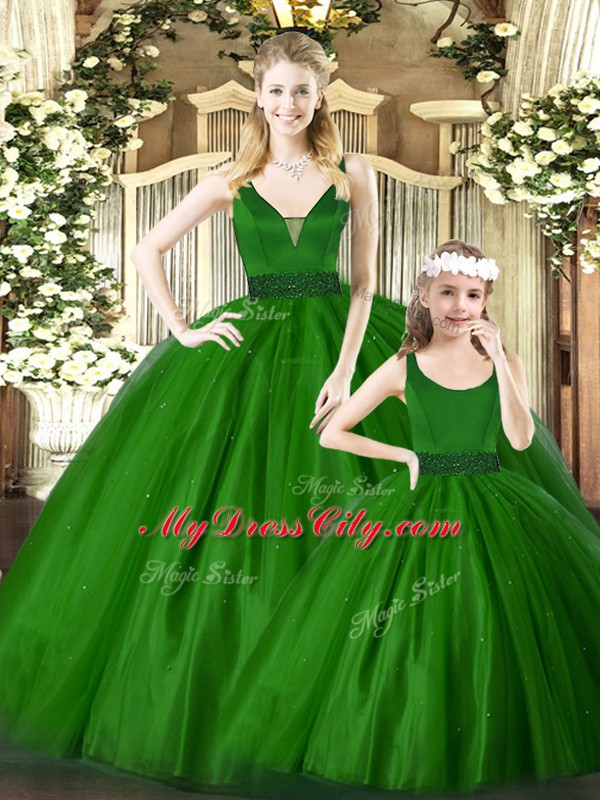 Latest Green Sleeveless Tulle Zipper Quinceanera Gowns for Military Ball and Sweet 16 and Quinceanera