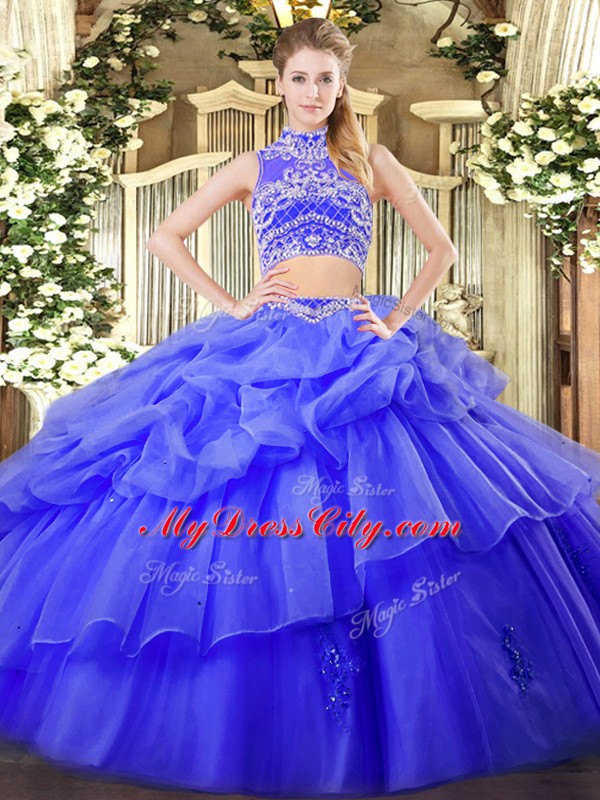 High-neck Sleeveless 15th Birthday Dress Floor Length Beading and Ruffles and Pick Ups Blue Tulle