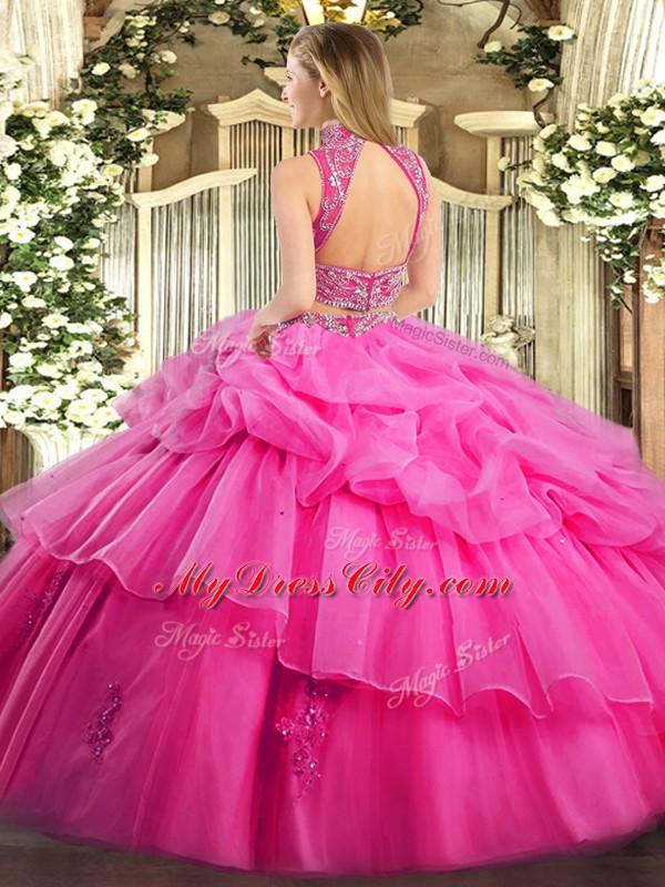 High-neck Sleeveless 15th Birthday Dress Floor Length Beading and Ruffles and Pick Ups Blue Tulle