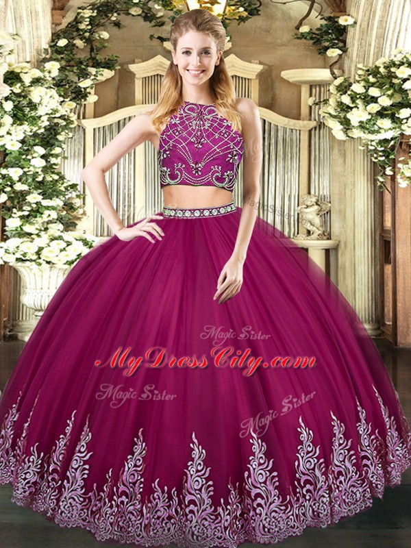 High-neck Sleeveless 15 Quinceanera Dress Floor Length Beading and Appliques Fuchsia Tulle