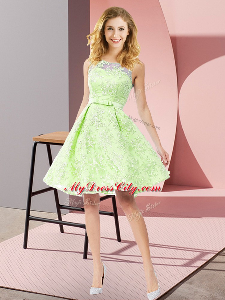 Yellow Green Sleeveless Knee Length Bowknot Zipper Bridesmaids Dress