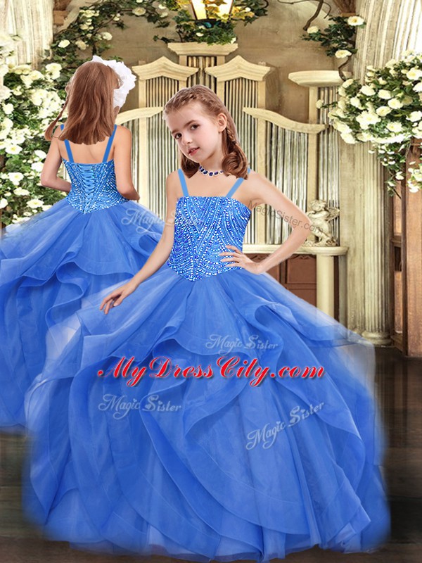 Straps Sleeveless Organza Pageant Gowns Beading and Ruffles Lace Up