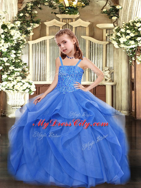 Straps Sleeveless Organza Pageant Gowns Beading and Ruffles Lace Up