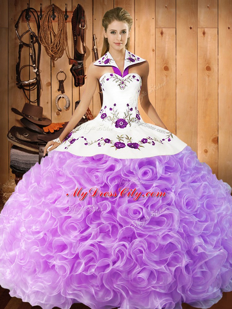 Lilac Lace Up Quinceanera Dress Embroidery Sleeveless Floor Length