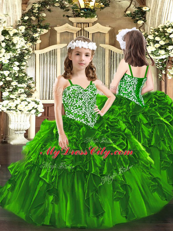 Unique Organza Straps Sleeveless Lace Up Beading and Ruffles Kids Pageant Dress in Green