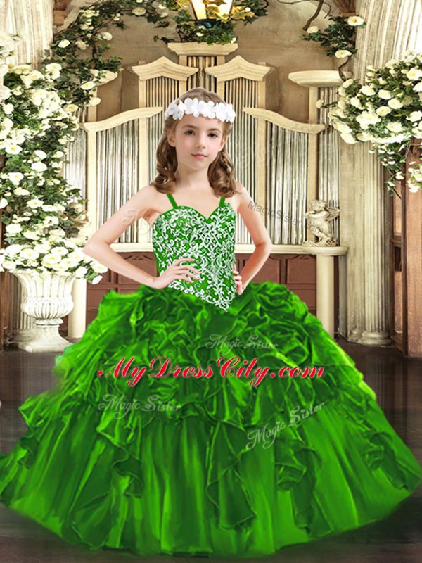 Unique Organza Straps Sleeveless Lace Up Beading and Ruffles Kids Pageant Dress in Green