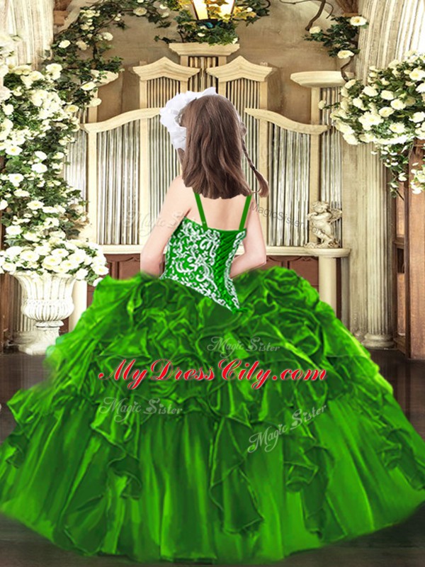 Unique Organza Straps Sleeveless Lace Up Beading and Ruffles Kids Pageant Dress in Green