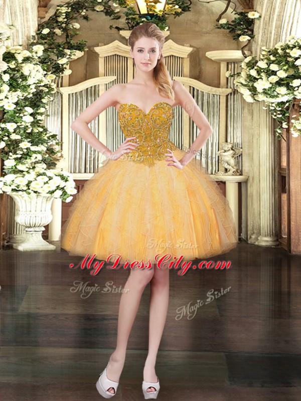 Captivating Orange Sleeveless Mini Length Beading and Ruffles Lace Up Prom Dress