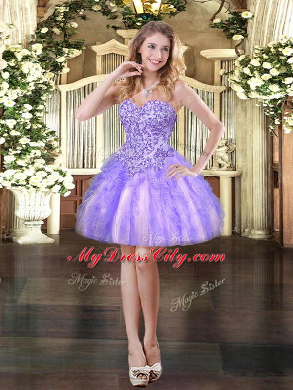 Mini Length Lavender Prom Dress Sweetheart Sleeveless Lace Up