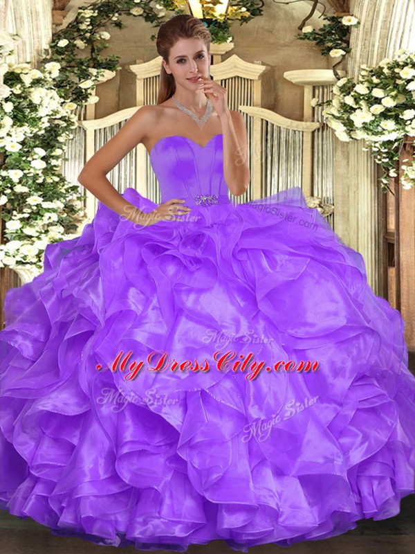 Attractive Organza Sweetheart Sleeveless Lace Up Beading and Ruffles Quinceanera Gown in Purple