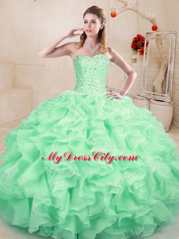 Sophisticated Apple Green Ball Gowns Beading and Ruffles Quinceanera Gown Lace Up Organza Sleeveless Floor Length