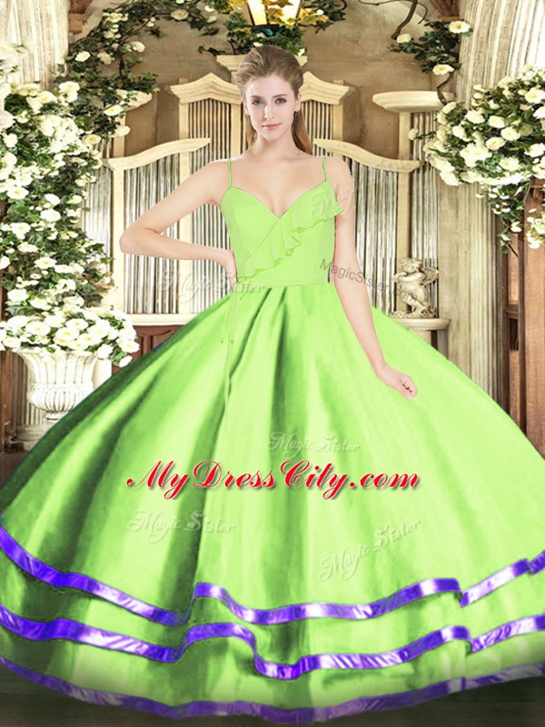 Yellow Green Sleeveless Ruffled Layers Floor Length Quince Ball Gowns