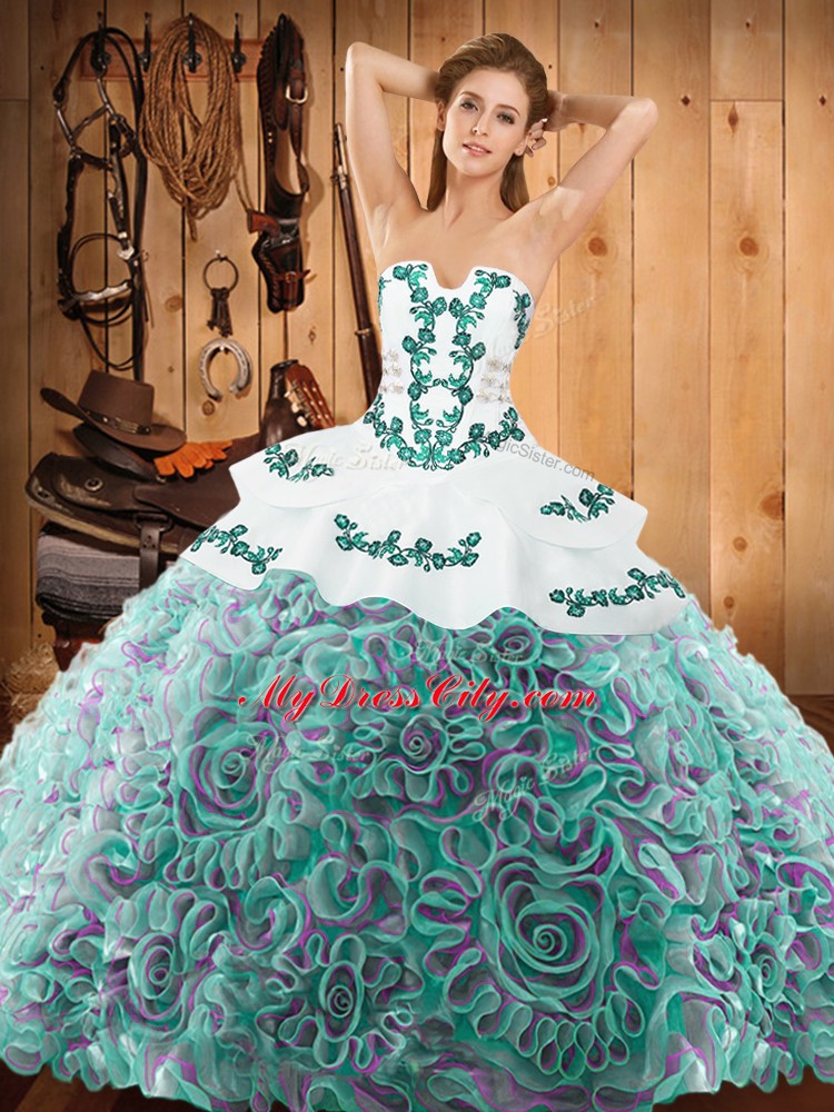 Customized Multi-color Lace Up Quinceanera Dress Embroidery Sleeveless With Train Sweep Train