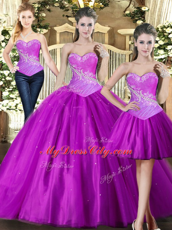 Exquisite Floor Length Fuchsia Quinceanera Dresses Tulle Sleeveless Beading