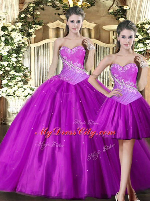 Exquisite Floor Length Fuchsia Quinceanera Dresses Tulle Sleeveless Beading