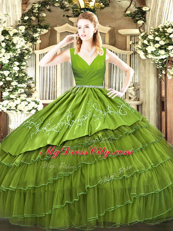 Eye-catching V-neck Sleeveless Quinceanera Gowns Floor Length Embroidery and Ruffled Layers Olive Green Satin and Organza