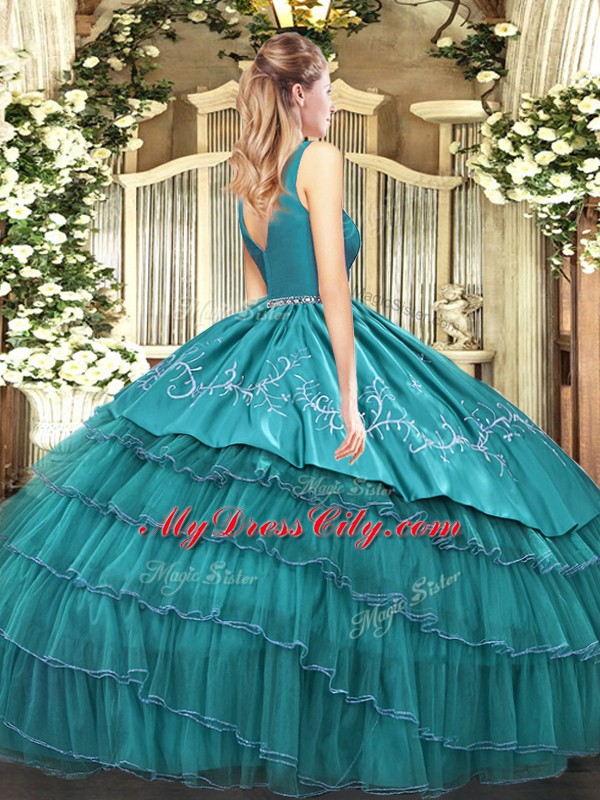 Eye-catching V-neck Sleeveless Quinceanera Gowns Floor Length Embroidery and Ruffled Layers Olive Green Satin and Organza