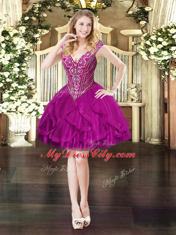 Inexpensive Fuchsia Lace Up V-neck Beading and Ruffles Prom Dresses Tulle Sleeveless