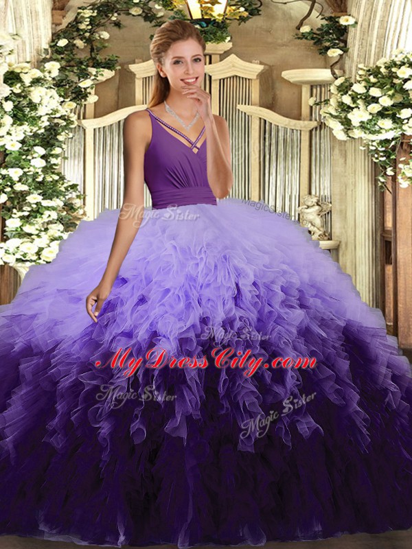 Fantastic Multi-color Tulle Backless Quinceanera Dress Sleeveless Floor Length Ruffles