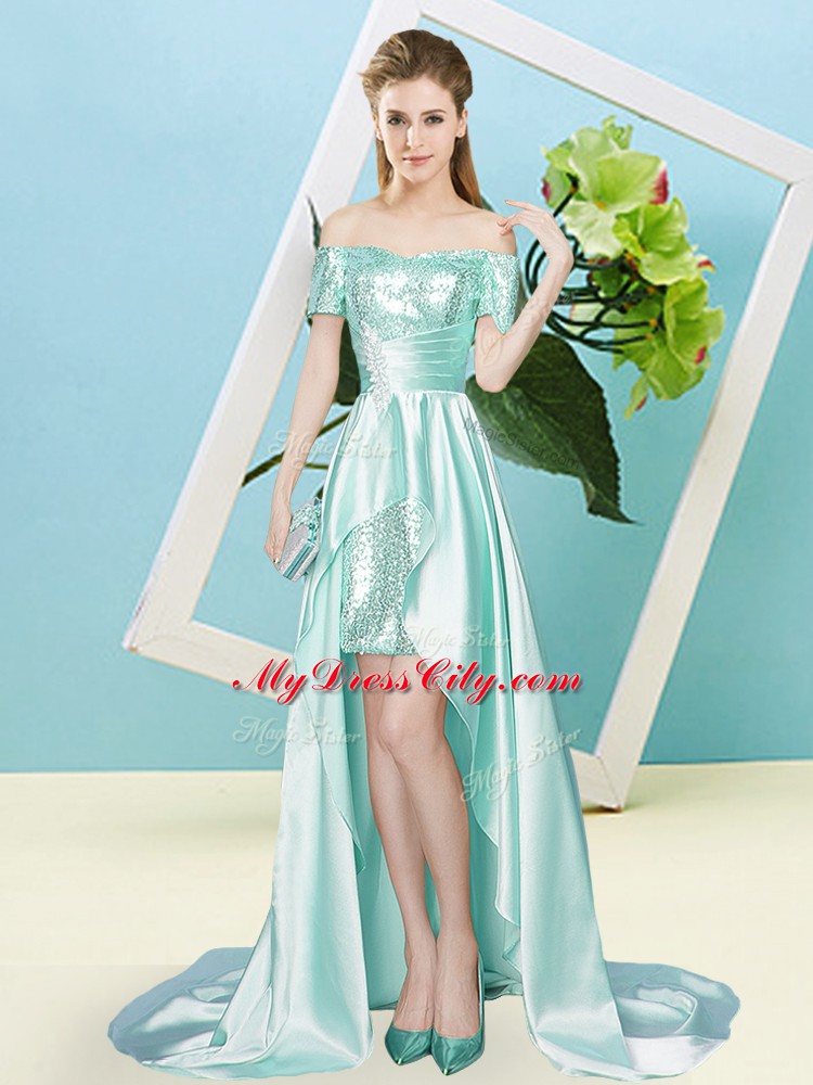 Smart High Low Apple Green Homecoming Dress Elastic Woven Satin and Sequined Short Sleeves Sequins