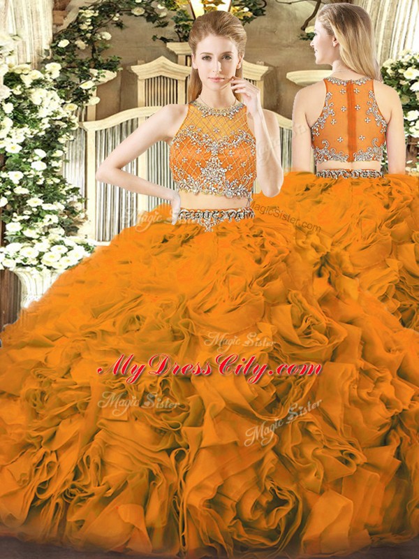 Luxurious Orange Red Zipper Scoop Beading Quinceanera Gown Fabric With Rolling Flowers Sleeveless