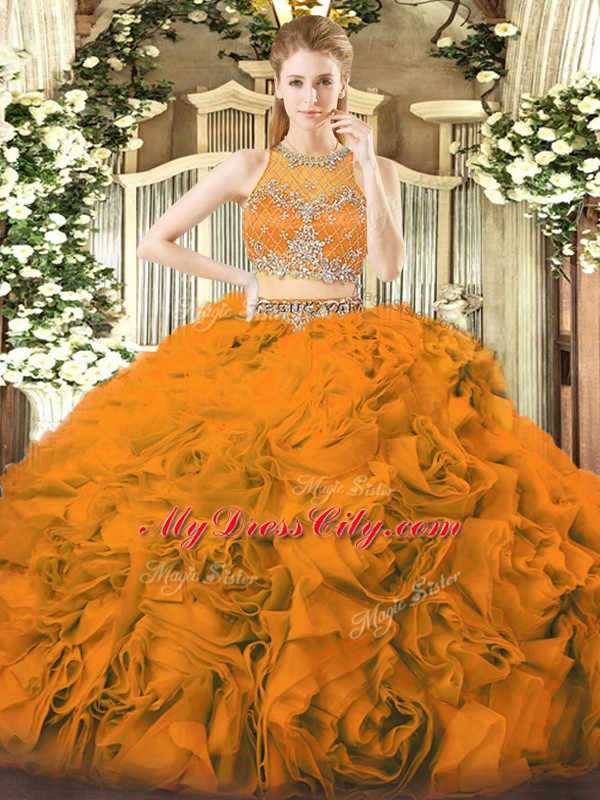 Luxurious Orange Red Zipper Scoop Beading Quinceanera Gown Fabric With Rolling Flowers Sleeveless