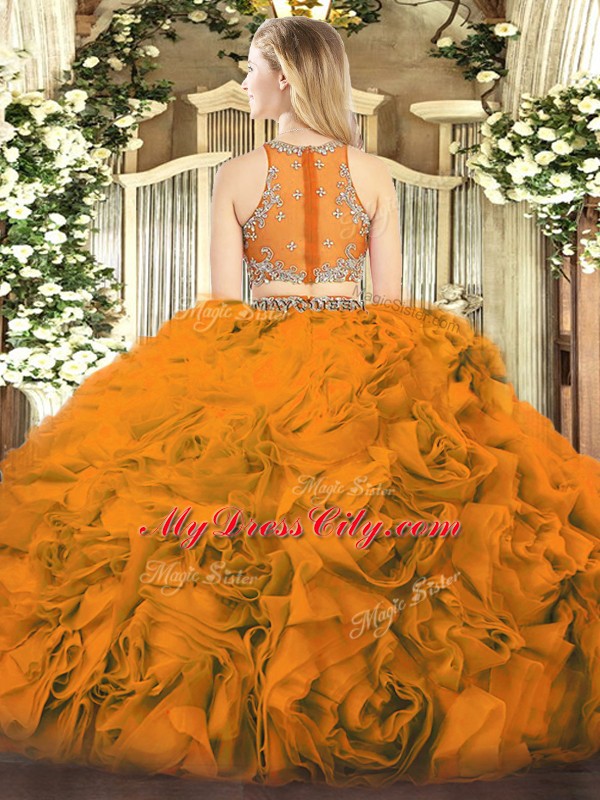 Luxurious Orange Red Zipper Scoop Beading Quinceanera Gown Fabric With Rolling Flowers Sleeveless