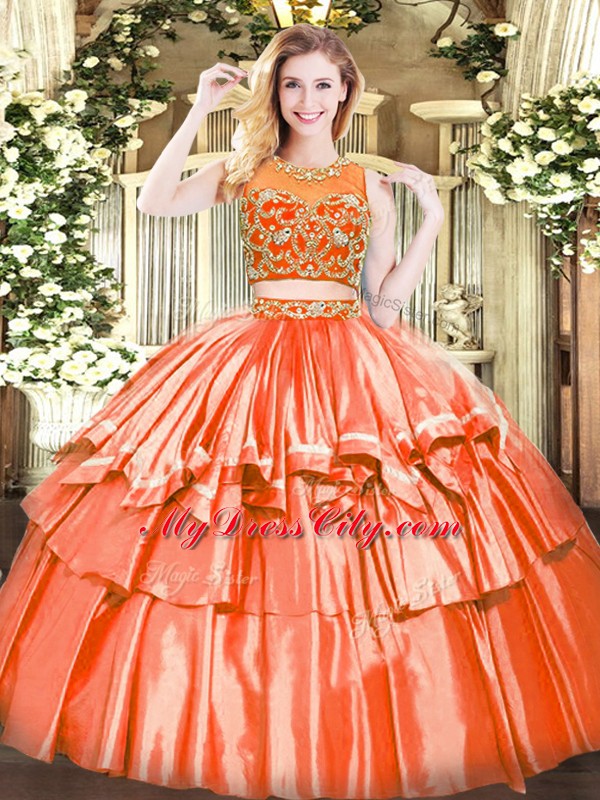 Floor Length Zipper Vestidos de Quinceanera Orange Red for Military Ball and Sweet 16 and Quinceanera with Beading and Ruffled Layers