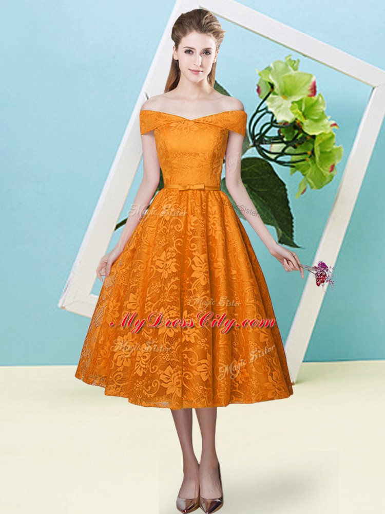 Tea Length Lace Up Bridesmaid Dress Orange Red for Prom and Party and Wedding Party with Bowknot