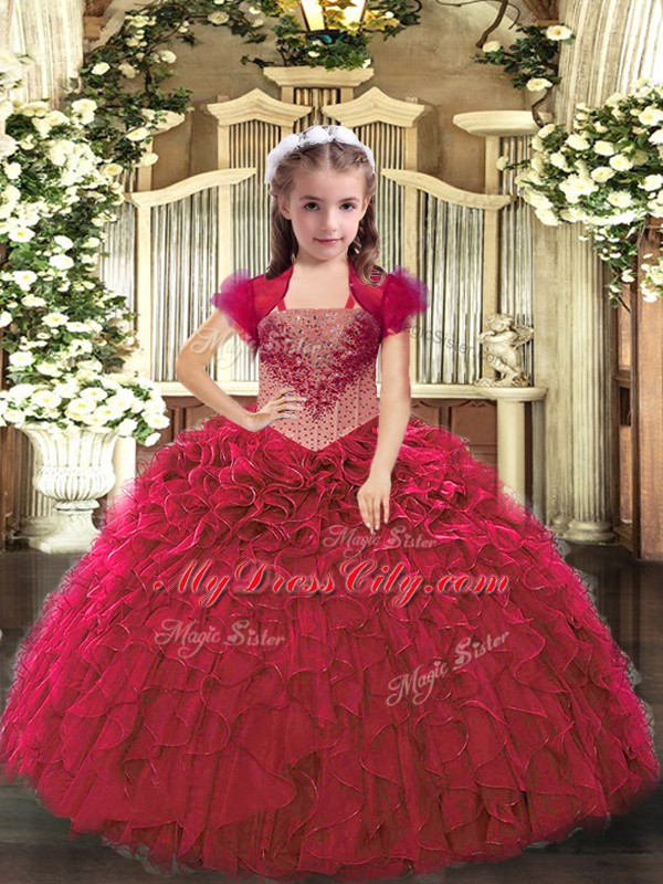 Sleeveless Floor Length Beading and Ruffles Lace Up Kids Formal Wear with Red