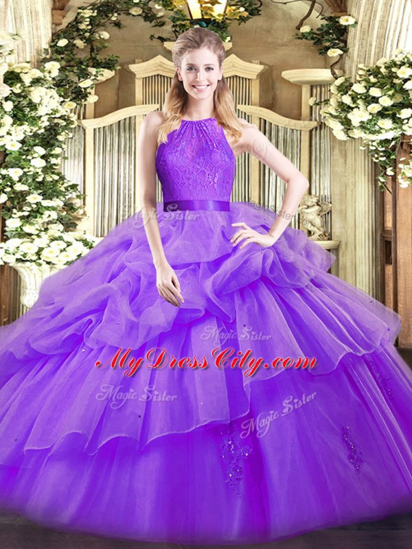 Fashionable Eggplant Purple Scoop Zipper Lace and Ruffled Layers Quinceanera Gowns Sleeveless