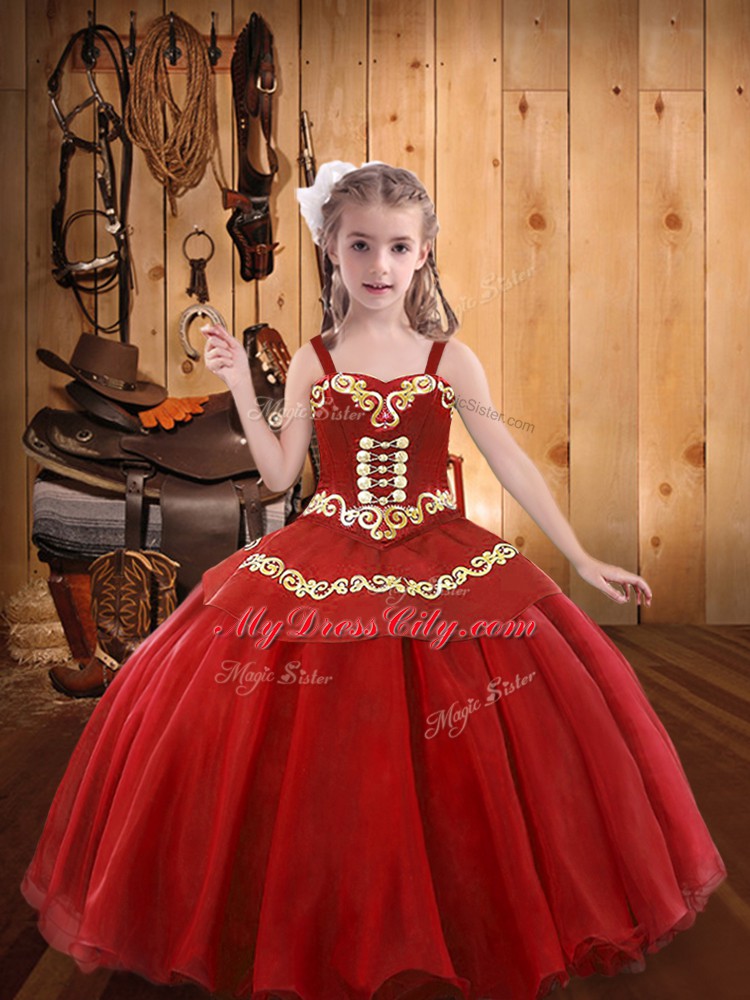 Enchanting Red Straps Neckline Embroidery and Ruffles Kids Pageant Dress Sleeveless Lace Up